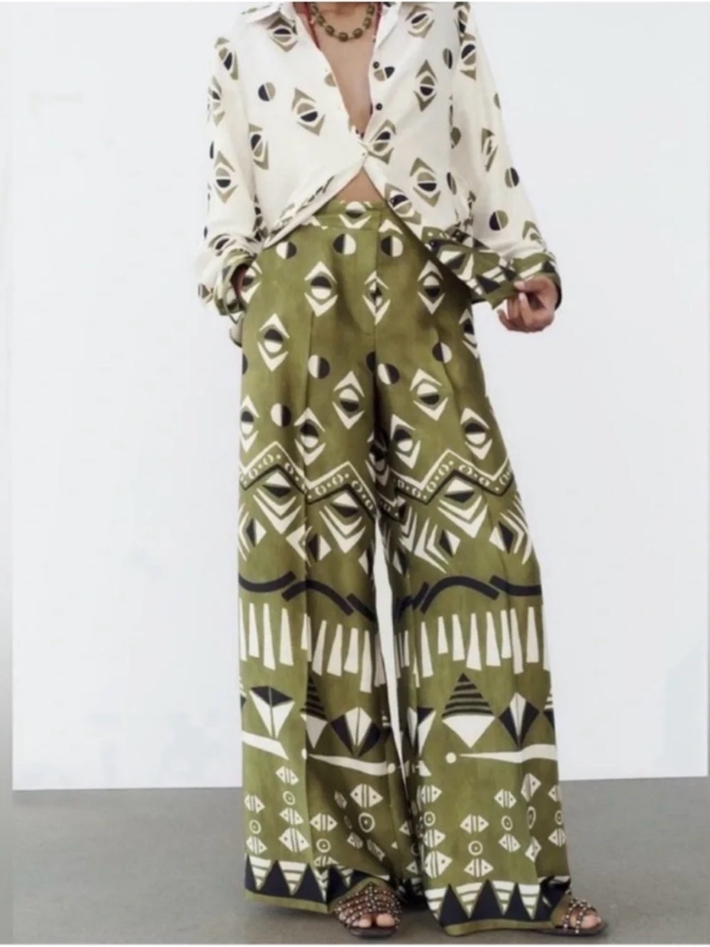 Zara Satin Olive Geo-Print Wide Leg Pants